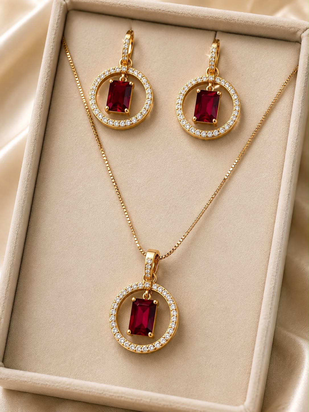 Elegant Ruby Red Stone Necklace & Earrings Set