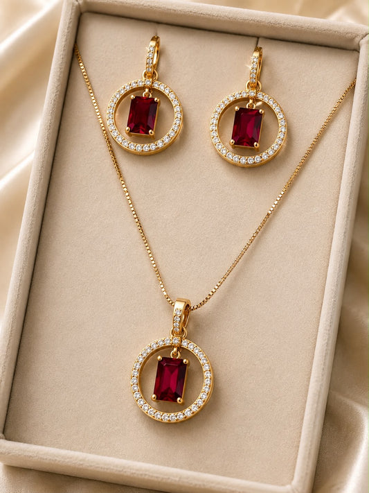 Elegant Ruby Red Stone Necklace & Earrings Set