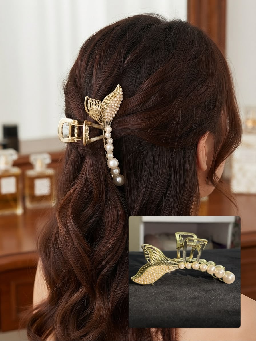 Elegant Pearl & Metal Hair Claw Clips for Women