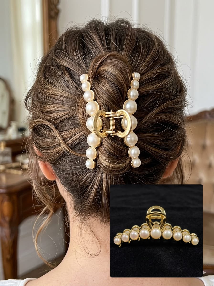 Elegant Pearl & Metal Hair Claw Clips for Women